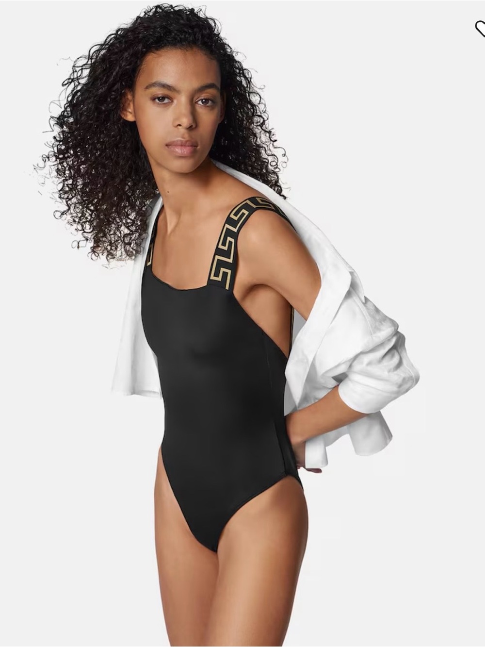 Versace Black One-Piece Swimsuit with Gold Greek Key Straps
